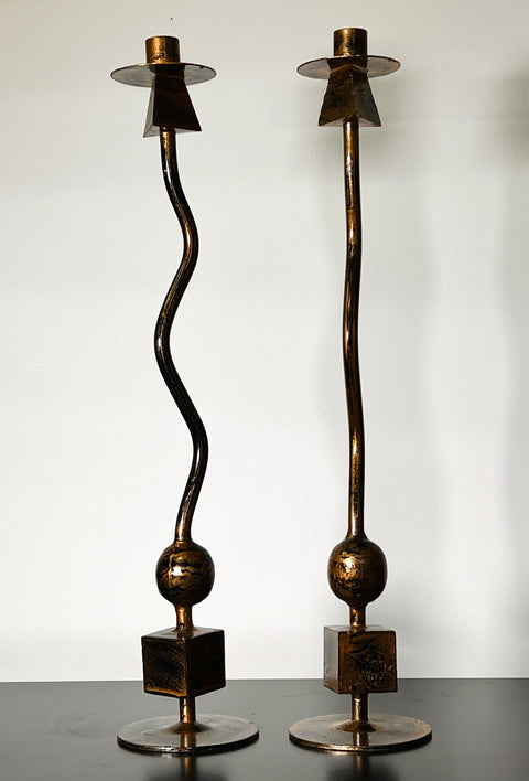 Vintage Pair of Gold Heavy Cast Iron Candle Stick
