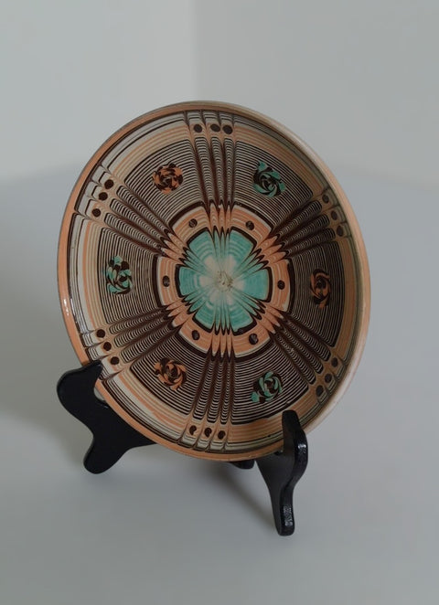 Vintage Hand-Painted Geometric Folk Art Pottery Plate
