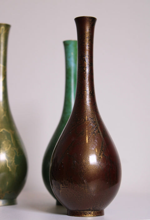 Set of Three Vintage Patinated Metal Bud Vases Green Turquoise Brown