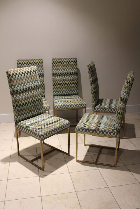 Mid-Century Modern Brass Sled Dining Chairs (Set of 8) | Upholstered Dining Chairs