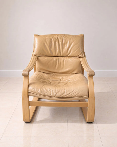 Bentwood Beige / Creme Leather Lounge Chair by Ake Fribytter for Nelo