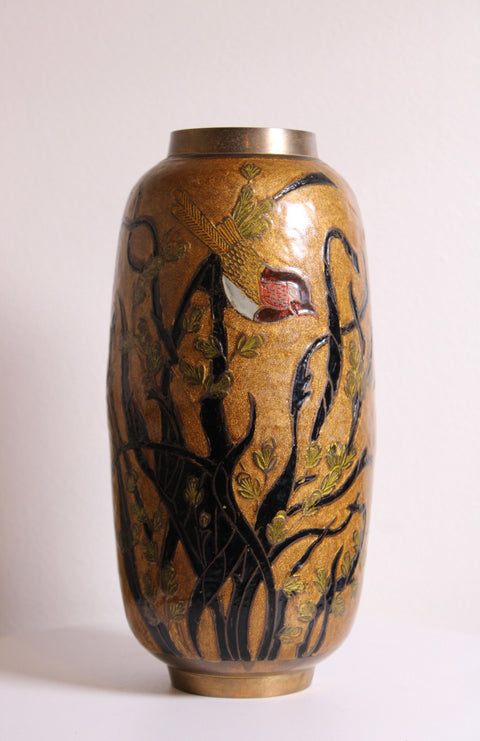 Vintage Japanese Hand-Painted Brass Enamel Bird & Bamboo Vase