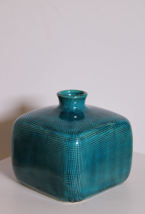 Pair of Turquoise Crosshatch Studio Pottery Bottles
