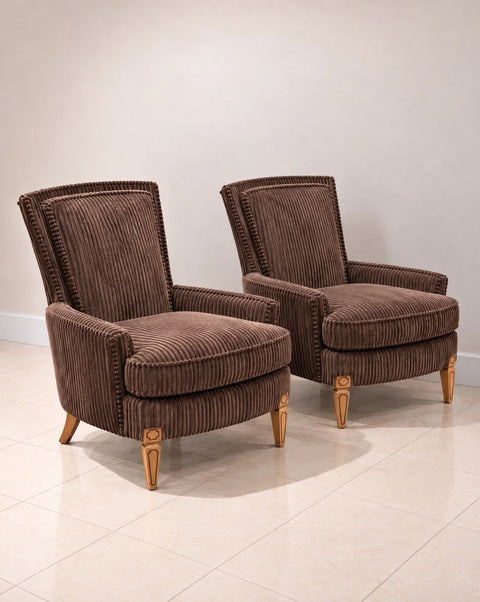 Brown Corduroy Upholstered Armchairs with Carved Legs – Pair