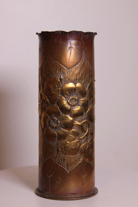 Vintage WWI Style Trench Art Brass Vase | Hand Engraved Artillery Shell Casing Decor
