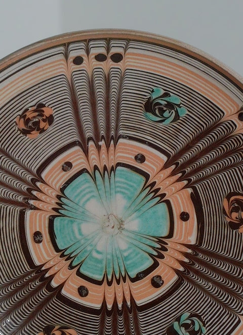 Vintage Hand-Painted Geometric Folk Art Pottery Plate