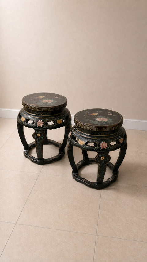 Pair Antique Hand Carved Asian Side Tables