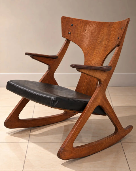 Danish Modern Sculptural Wood Rocking Chair with Black Leather Seat