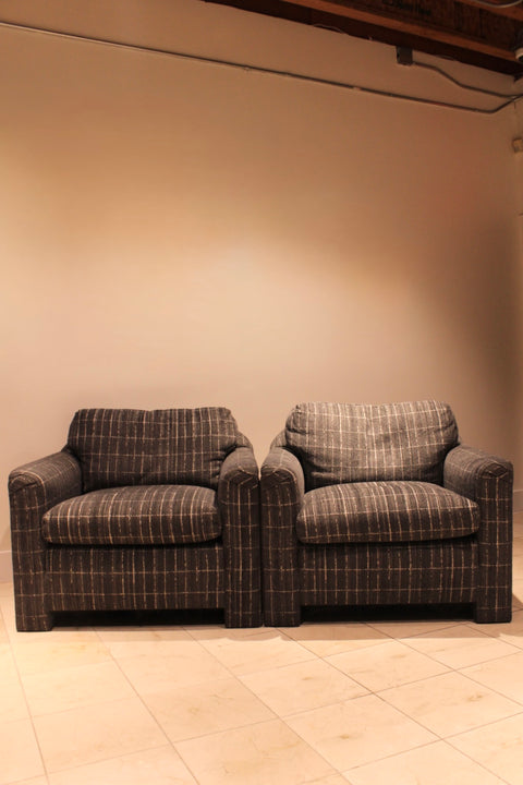 Vintage Club Lounge Chairs in Ralph Lauren Fabric | Pair of Reupholstered Armchairs