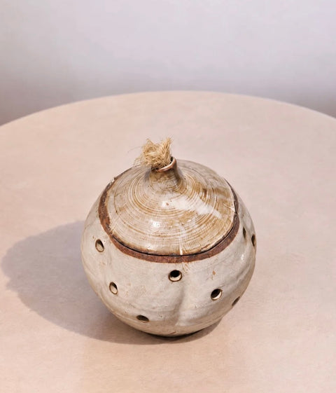 Cream Garlic Keeper Glazed Pierced Pottery Jar with Lid