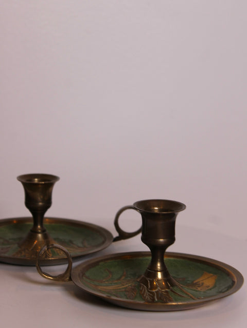 Pair of Green Brass Art Nouveau Candlesticks