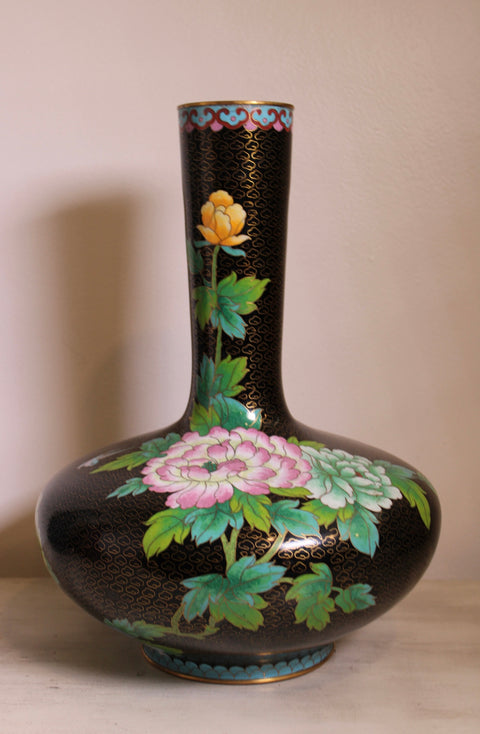 Vintage Black Cloisonne Style Floral Bottle Vase with Peonies