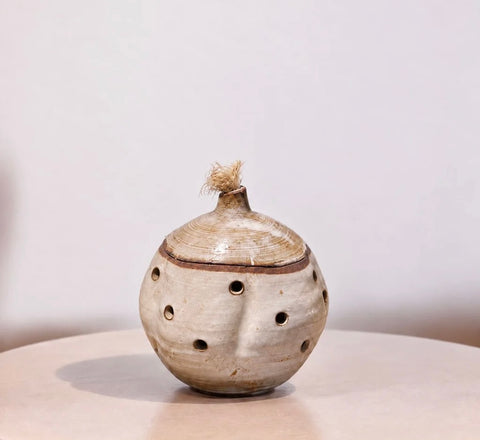 Cream Garlic Keeper Glazed Pierced Pottery Jar with Lid