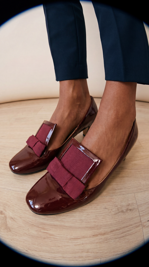 Burgundy Patent Bow Pumps
