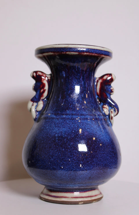 Cobalt Blue Foo Dog Handle Vase