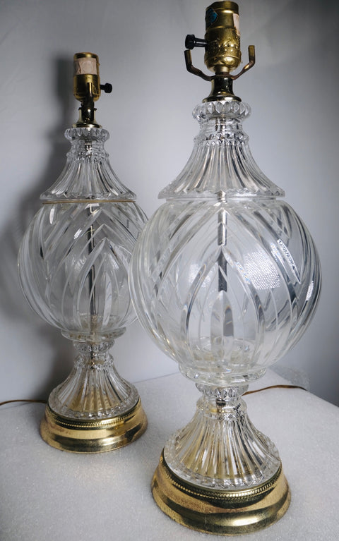 Pair of “Hollywood Regency” Crystal Ball And Brass Lamps