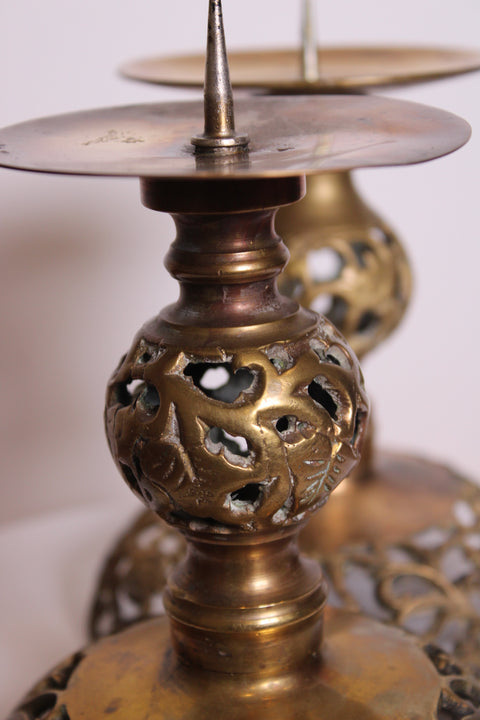 Pair of Floral Engraved Brass Candlesticks