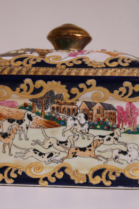 Vintage Black and Gold Porcelain Covered Box with Dog Scene
