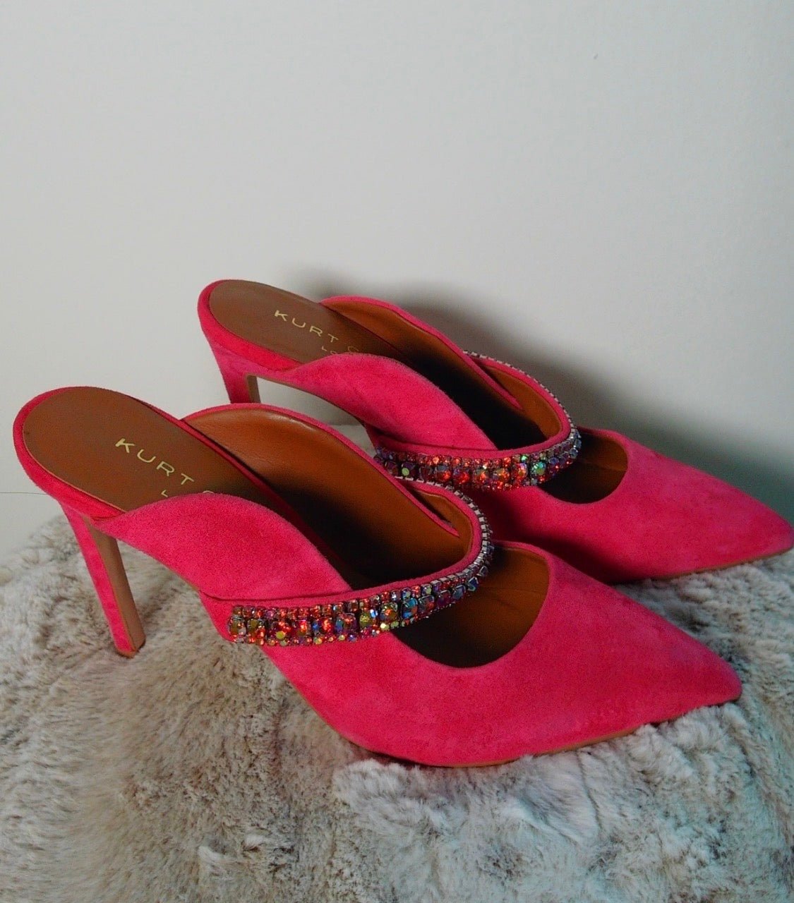 Pre Owned “Kurt Geiger London” Pink Suede Mule Heels | Rhinestone Strap Pointed Toe Pumps | Y2K Statement Heels