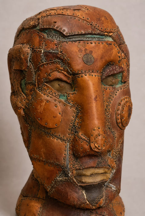 Vintage Patchwork Leather Bust Sculpture | Handcrafted Decorative Head