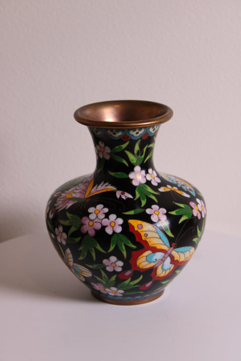 Vintage Chinese Cloisonné Butterfly & Blossom Vase – Black Enamel Ground