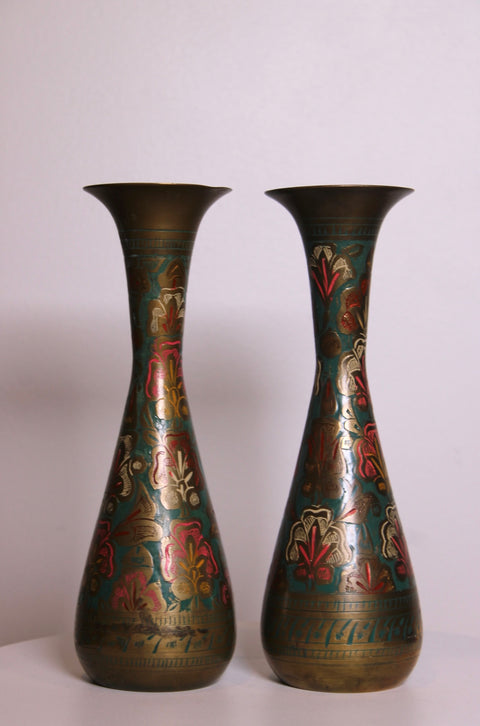 Pair of Painted Brass Floral Vases