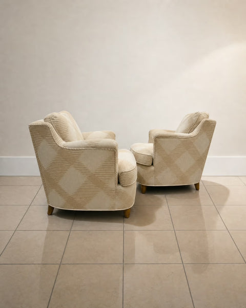 Pair of Cream Ivory Plaid 1940s Club Chairs