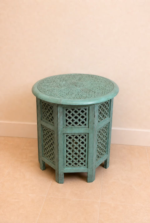 Vintage Hand-Carved Moroccan Round Accent Table | Turquoise  Wood Side Table
