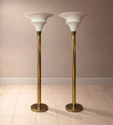 Pair of Brass-Tone Art Deco Torchiere Floor Lamps with White Shades