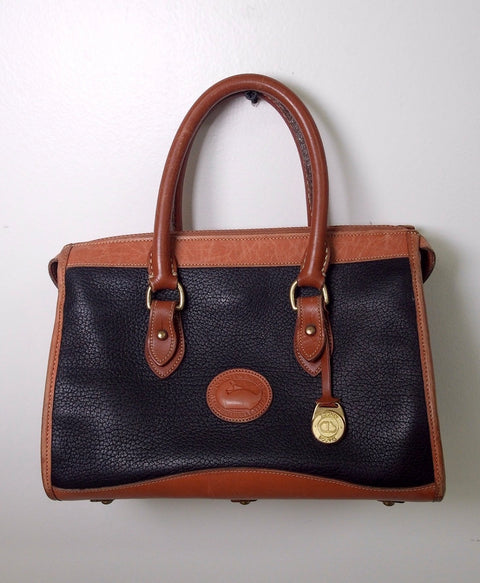 Pre Owned Dooney & Bourke All Weather Leather Satchel | Black & British Tan | Duck Fob (Vintage)