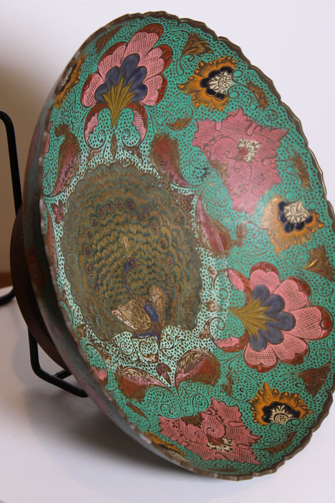 Large Peacock Floral Cloisonne Style Tray
