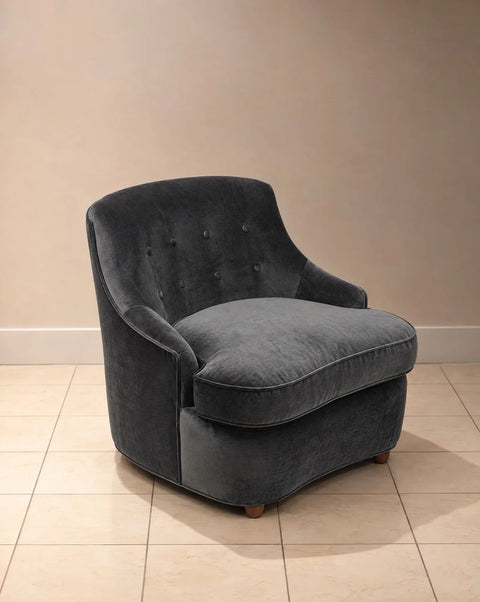 Vintage Charcoal Velvet Button-Tufted Barrel Chairs (Pair)