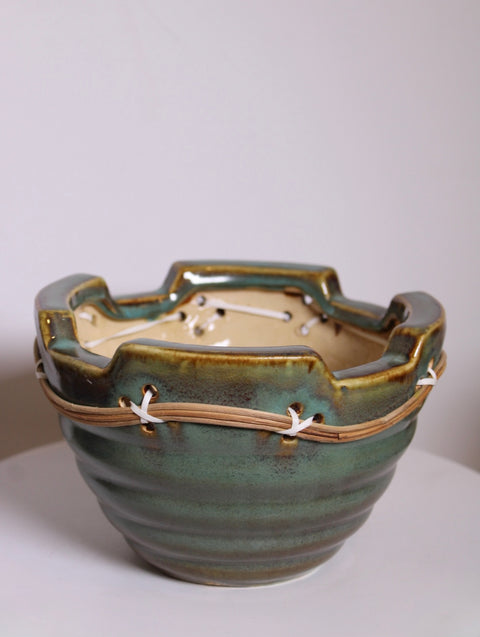 Green Ceramic Bonsai Planter with Rattan Detail