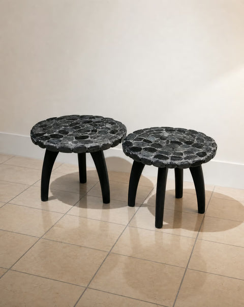Hand tiled Black Stone Side Tables (Pair)