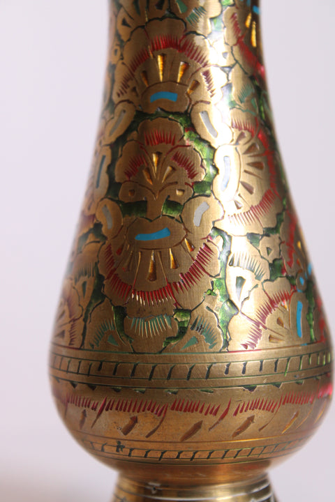 Small Floral Enamel Brass Vase