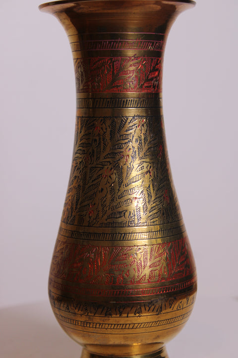 Red Etched Brass Pedestal Vase