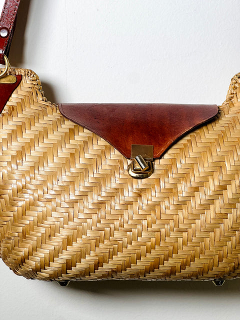 Woven Straw Crescent Shoulder Bag with Brown Trim