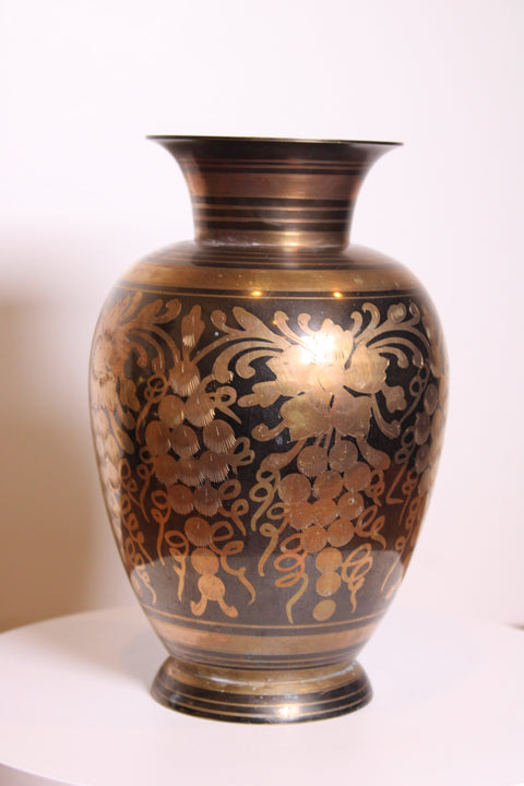 Large Floral Etched Brass Vase