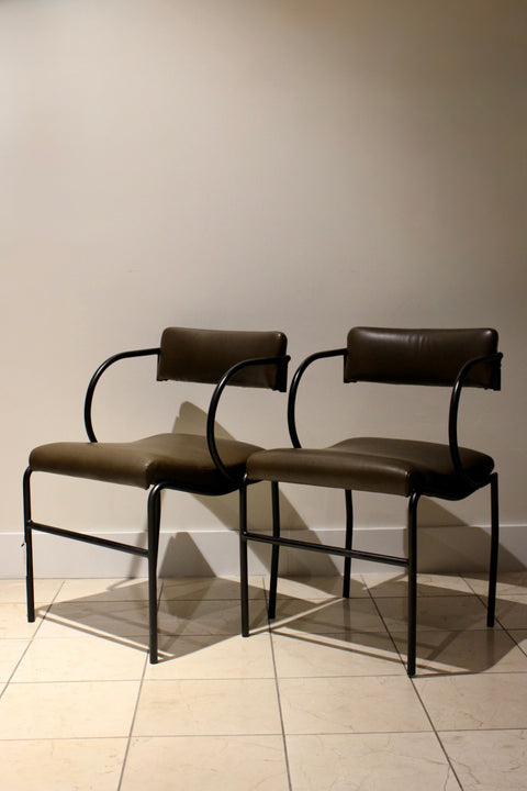 Vintage Postmodern Cantilever Lounge Chairs | Tubular Steel & Upholstered Armchairs | Pair