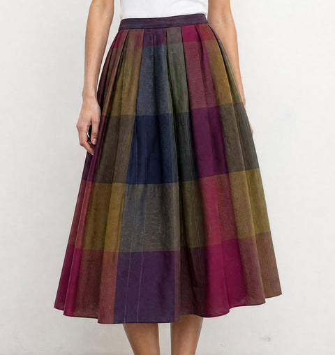 Vintage Multicolor Plaid Pleated Midi Skirt