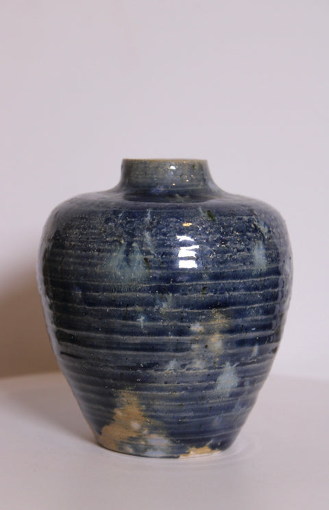 Ribbed Blue Studio Pottery Vase