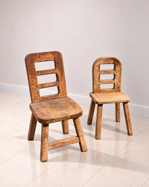 Rustic Primitive Wood Side Chairs with Cutout Backs – Pair