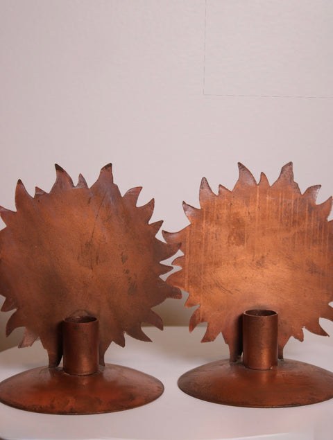 Pair of Copper Sun Brutalist Candle Holders
