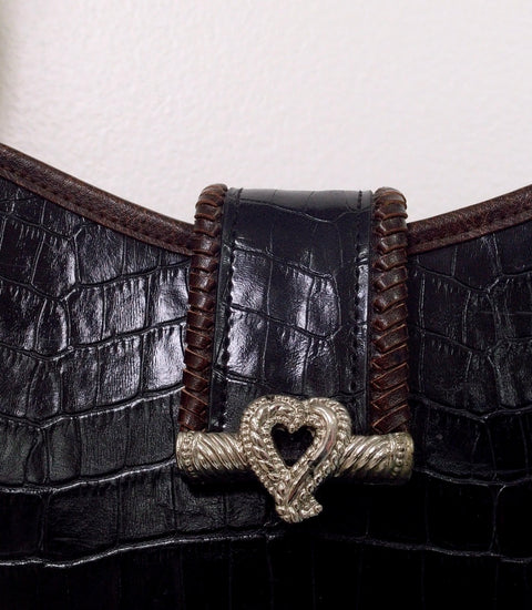 Pre Owned Brighton Black Croc Embossed Leather Crossbody | Silver Heart Hardware | Braided Strap | 90s (Y2K Vintage)
