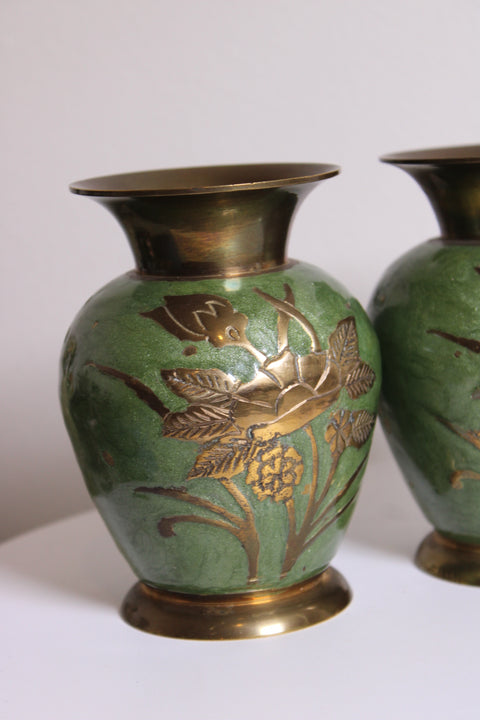 Vintage Pair of Green Brass Overlay Floral Vases
