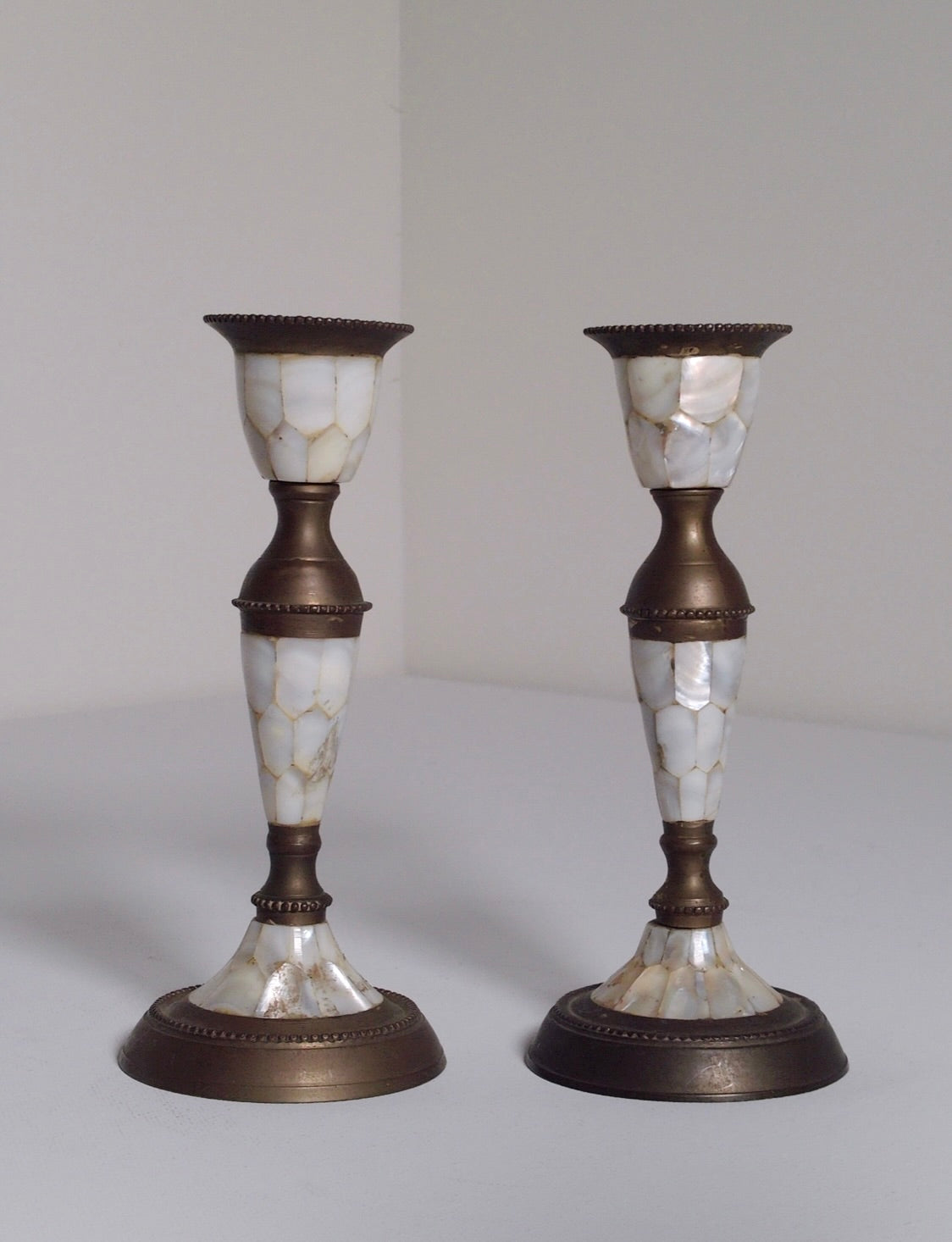 Pair of Abalone & Brass Candlestick Holders – Vintage