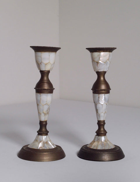Pair of Abalone & Brass Candlestick Holders – Vintage