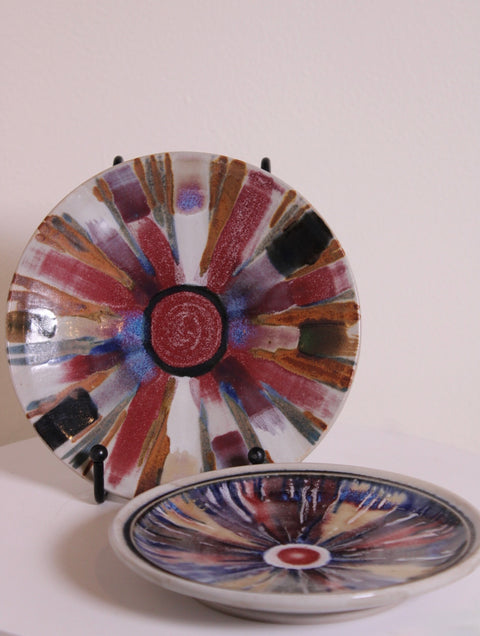 Pair Mid Century Studio Pottery Sunburst Chargers