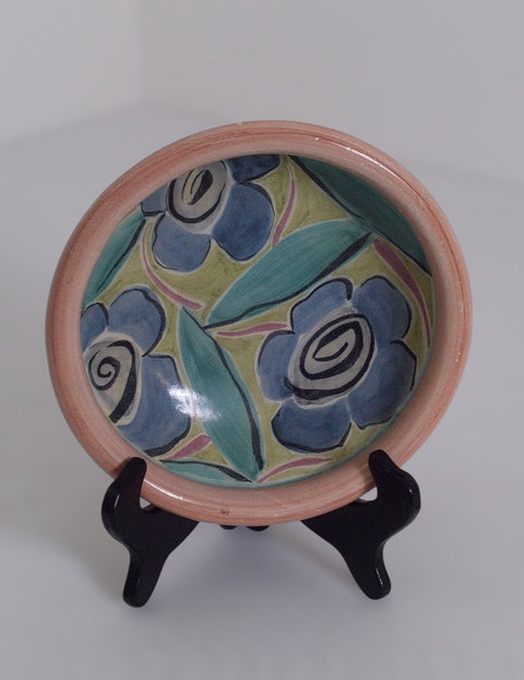 Vintage Mexican Hand-Painted Blue Floral Pottery Bowl | Folk Art Ceramic Dish