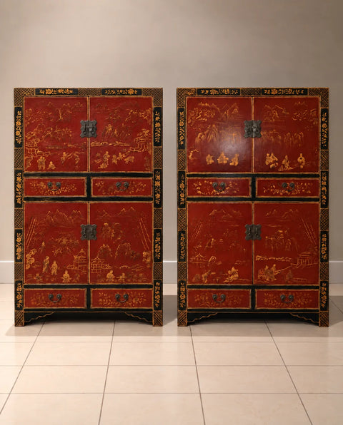 Pair of Red Antique Chinese Lacquer Chinoiserie Cabinets with Gilt Decoration
